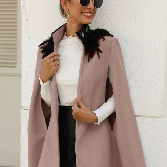 Boho black Feather Trim Cape Jacket Open Front - Picture 6 of 6